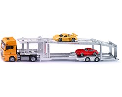 SIKU 3944, Man Autotransporter, 1:50, Incl. 2 Speelgoedauto's, Metaal/Plastic, Oranje/Zilver, Afkoppelbare Trailer, Verlaagbaar Platform
