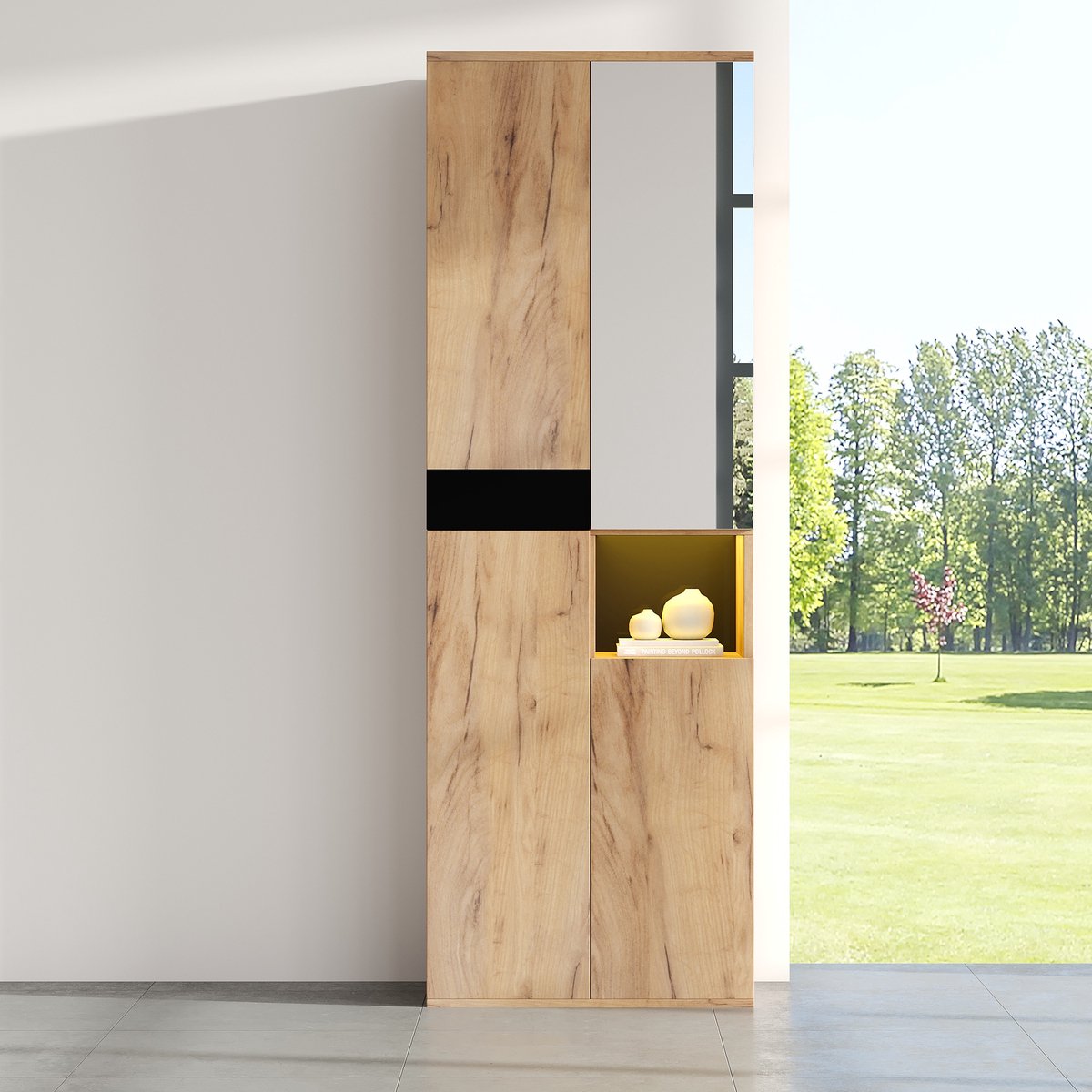 Hoge kast met spiegel - vier deuren en een open opbergvak - zwart en houtkleur - 65 × 35 × 190 cm