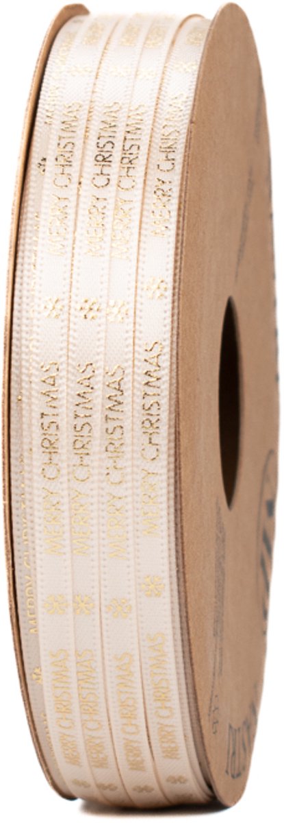 Kerstlint - Wit met gouden opdruk "Merry Christmas" - 4 mm breed - 25 meter lang - Smal decoratief lint