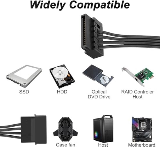 XMSJSIY IDE Naar SATA Stroomkabel – 4-pins IDE Naar 5x 15-pins SATA – 60 Cm – 18 AWG Vertind Koper – Splitter Voor PC, Server & Harde Schijf – Platte Kabel