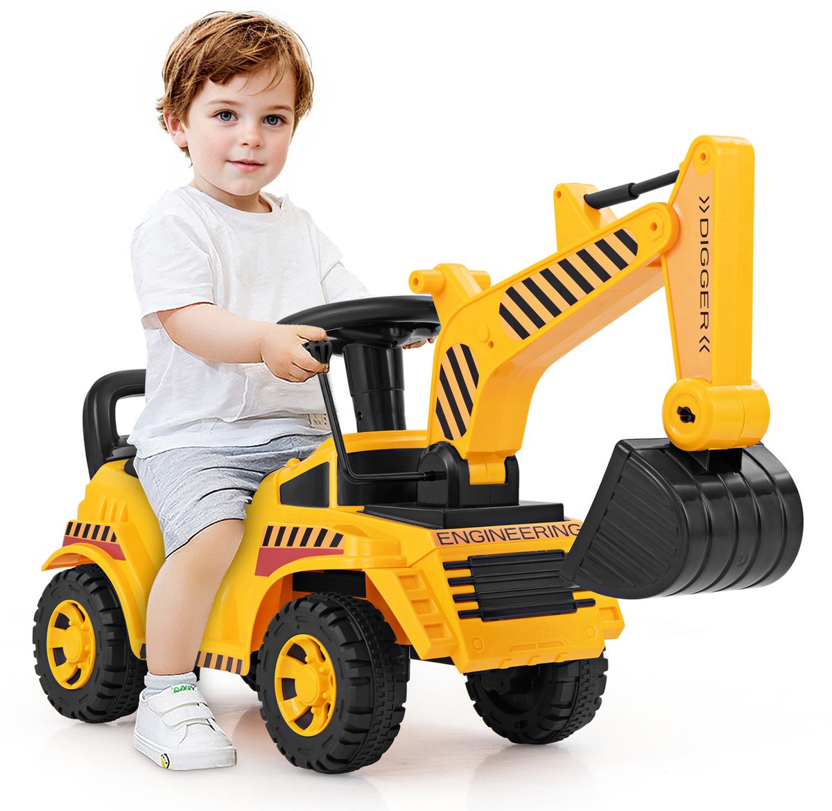 COSTWAY Graafmachine voor kinderen, met verstelbare schep en opbergruimte onder de zitting, graafmachine met motorgeluid en kantelbeveiliging, graafmachine om op te zitten, voor kinderen vanaf 1 jaar