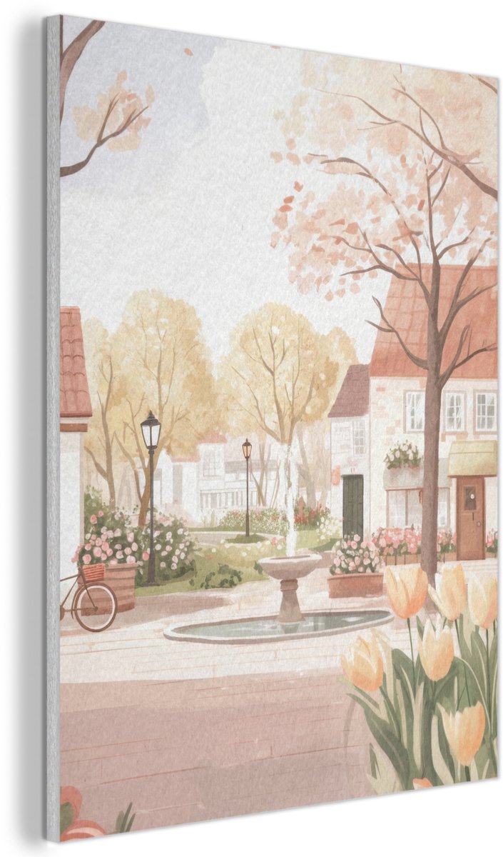 Akoestisch wandpaneel 50x70 cm - Vilt schilderij Dorpsplein - Fontein - Tulpen - Akoestische panelen - Geluidsdempende wanddecoratie - Geluidsisolatie woonkamer - Muurdecoratie geluidspanelen