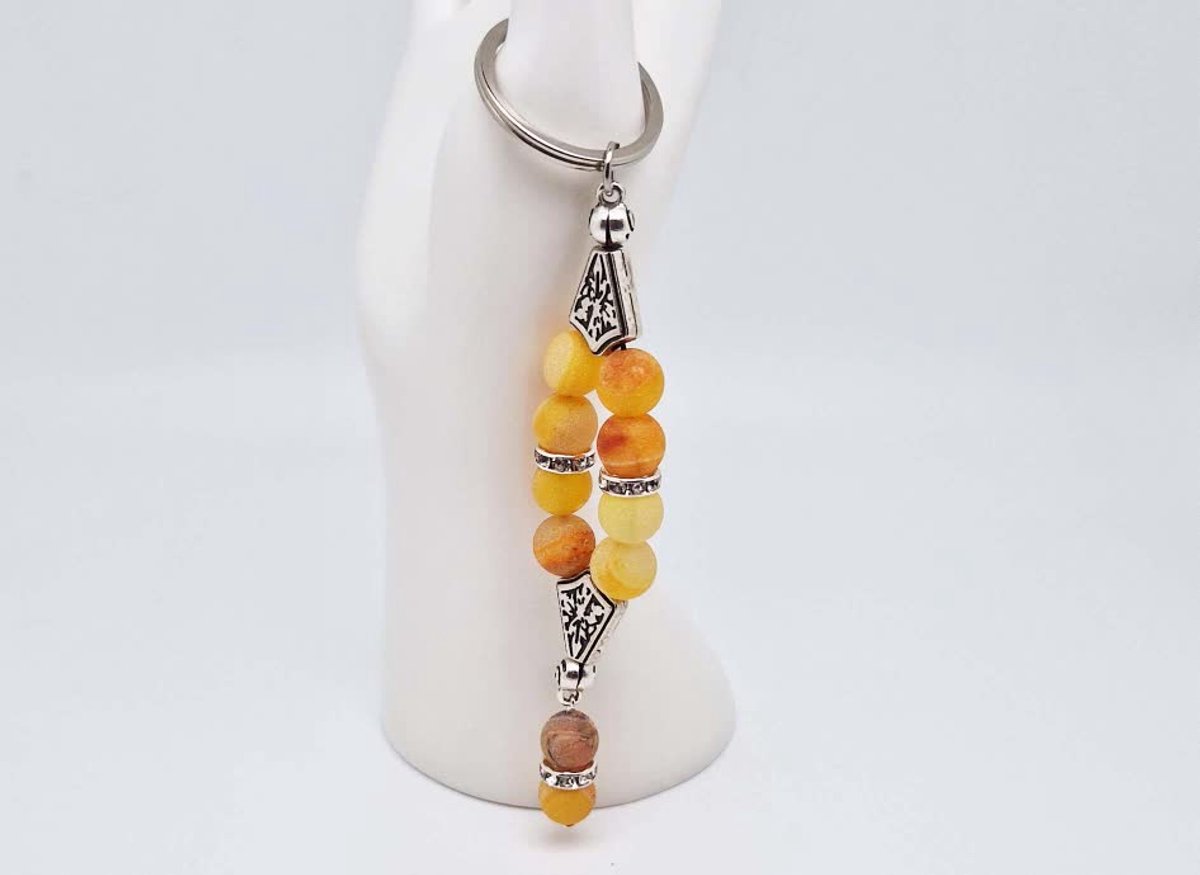 Handgemaakte Harmony Sleutelhanger van natuursteen "Oranje Frosted Agaat" en metaal - diameter kralen 10mm - Aantal stenen10- Een mooi cadeau-idee en een bijzonder aandenken
