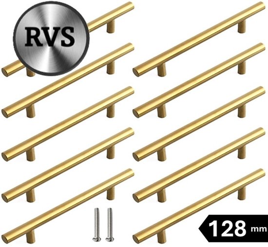 Tien gouden RVS handgrepen met een hartafstand van 128mm, inclusief schroeven.
