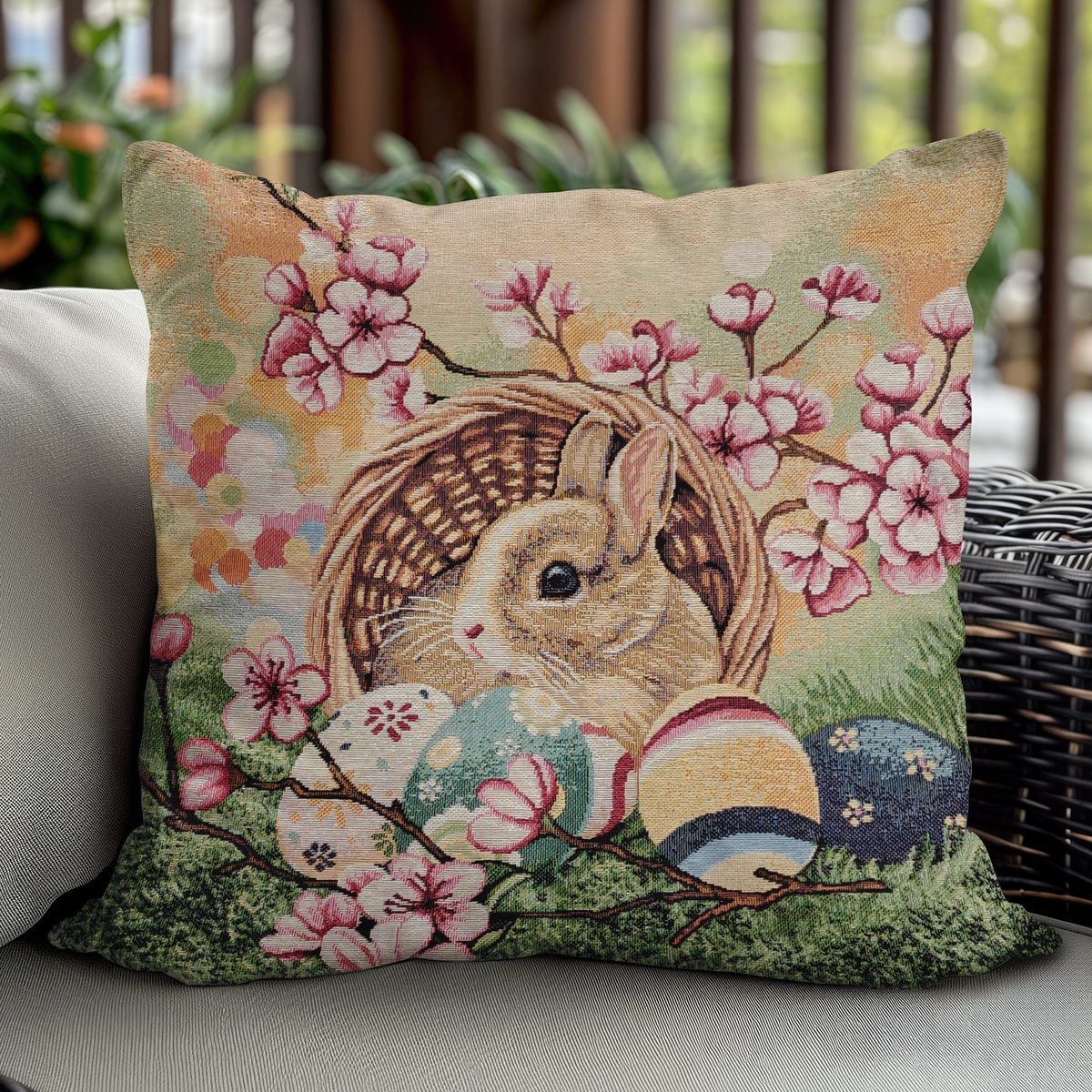 Gobelin Kussenhoes 45x45cm - Paasdecoratie met Konijnen