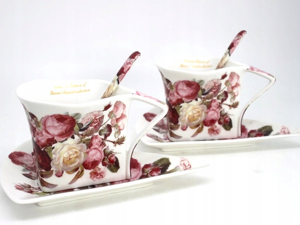 Koffie- en Theekopjes Set met Lepels - 250 ml - Bloemendesign