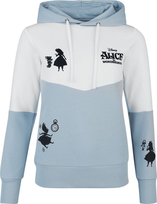 Lichtblauwe en witte hoodie met Alice in Wonderland print. De voorkant heeft silhouetten van Alice, een klok en het Disney Alice in Wonderland logo.