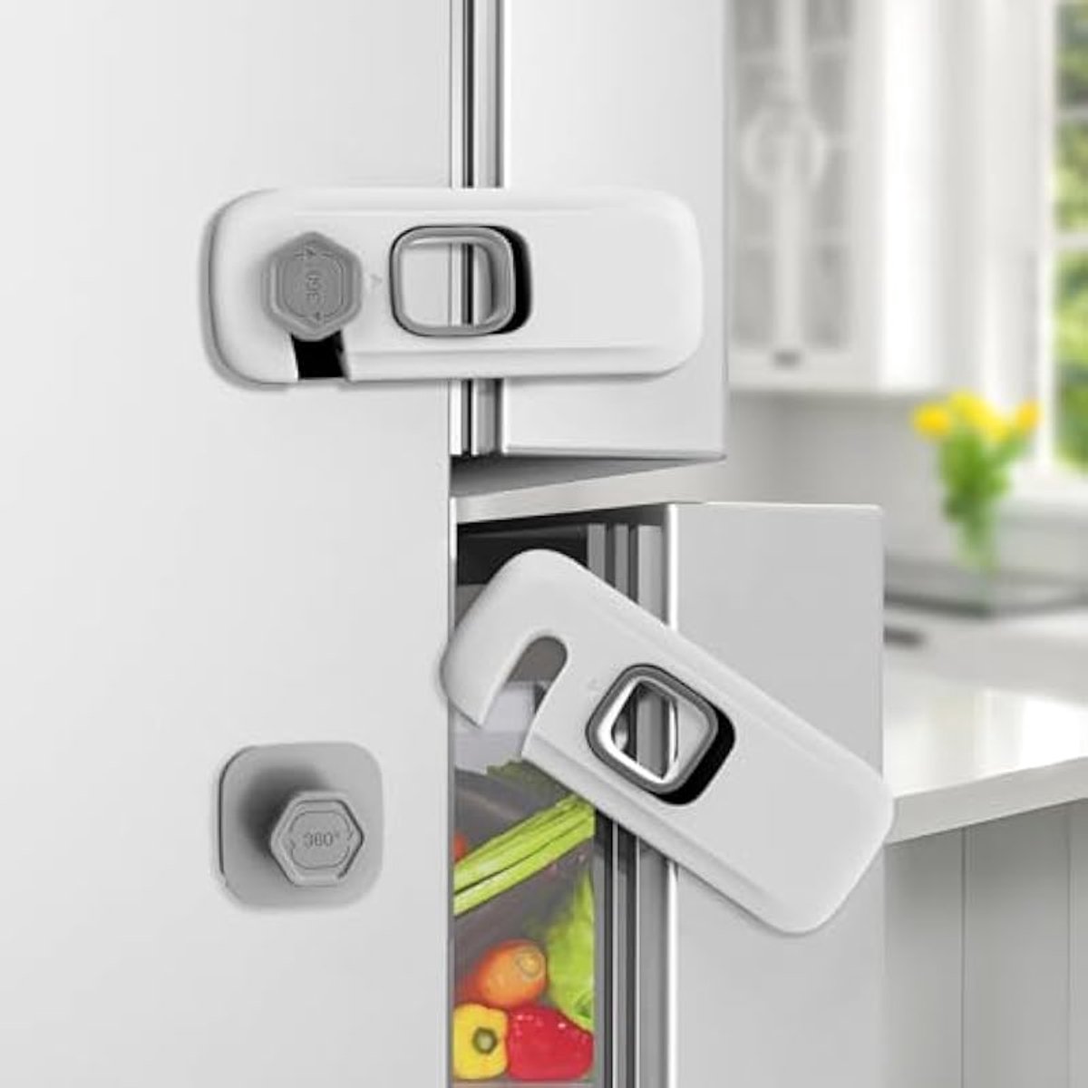 Image of 5-delige veiligheidsset voor baby's met dubbele deur voor koelkasten, kindveilig slot voor dubbele koelkastdeuren, kastslot, geen gereedschap of boren nodig, sterke lijm, grijs.