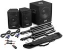 Set Vonyx speakers, bestaande uit een subwoofer en twee actieve speakers, met kabels, statieven en draagtas.