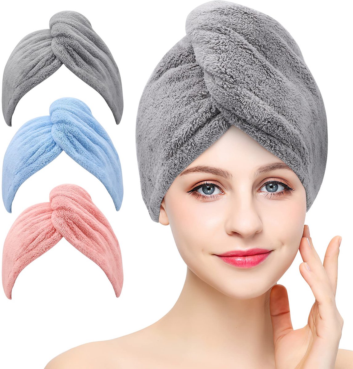Ynkkvre – Natte Haar Turbans – Super Absorberend, Geschikt voor Lang, Kort, Krullend en Steil Haar –Set van 3 – (Grijs, Roze, Blauw)