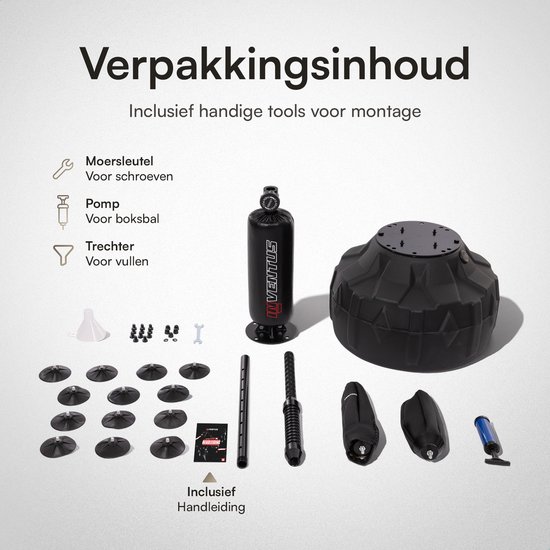 Verpakkingsinhoud: een bokszak, voet, zuignappen, pomp, trechter en montagegereedschap.