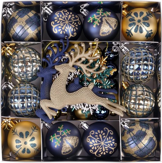 Kerstbal Set Blauw & Goud - 2025 Kerstboom Versiering - Antiek Glanzende Kerstballen - Breekvrij Kunststof - Klassieke Hangende Decoratie - Voor Binnen - 45 Stuks