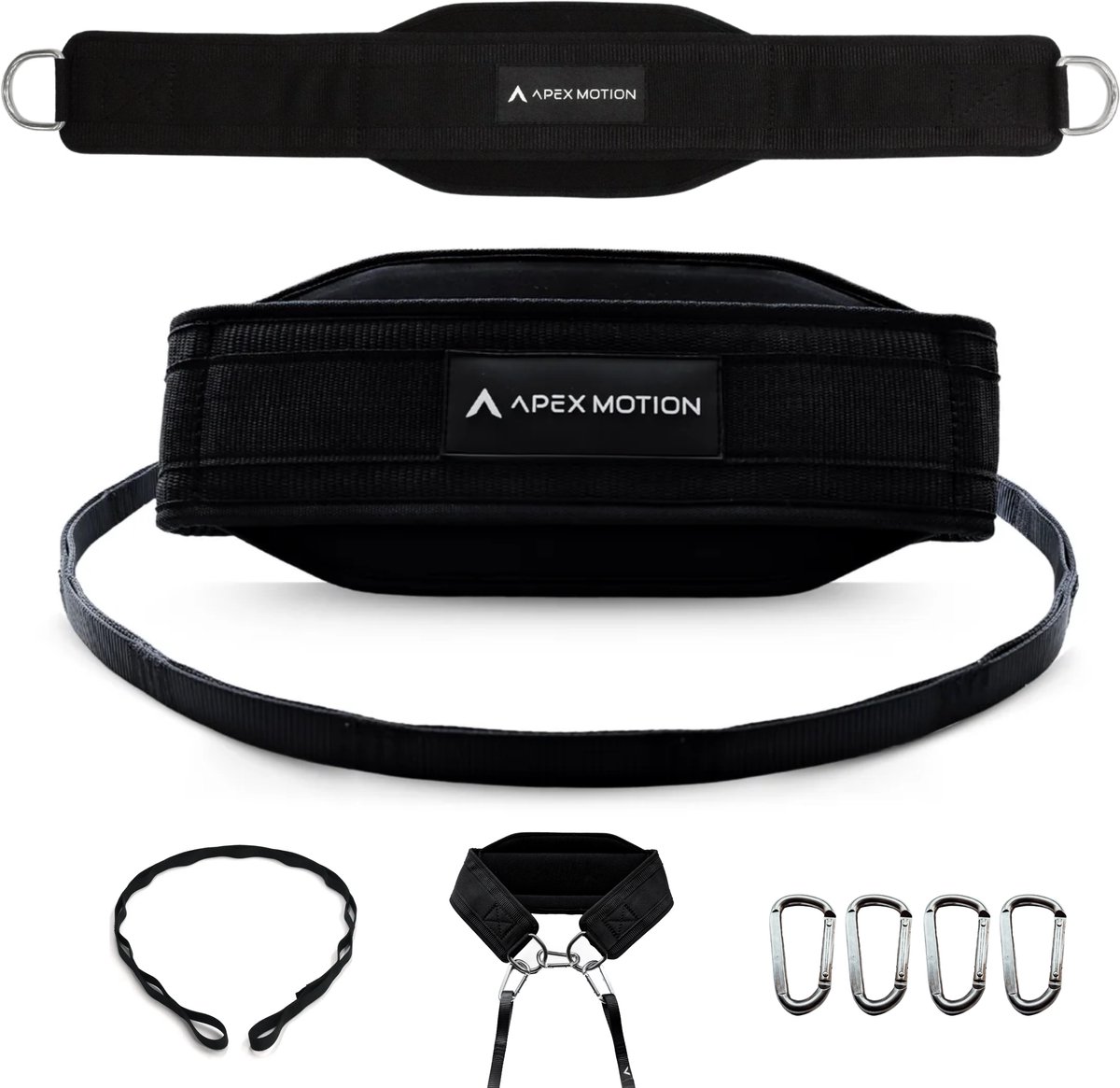 APEX MOTION Dip Belt – Weight Belt tot 1000KG – One Size Fits All – 125cm Nylon Chain – 4 Karabijnhaken – D-Ringen – Full Black