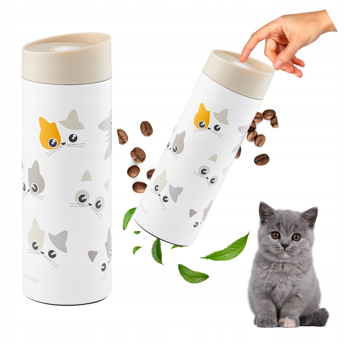 Kinder Thermosbeker 350ml - Automatische Klik-Klak Cover - Kattenmotief