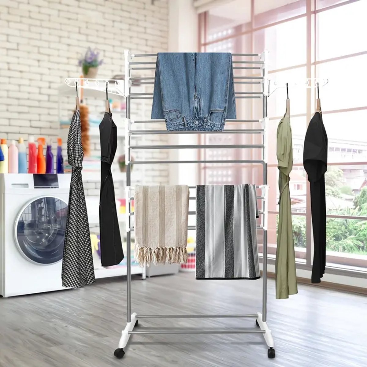 3-Laags Opvouwbaar Droogrek met Wieltjes – 158×75×44 cm