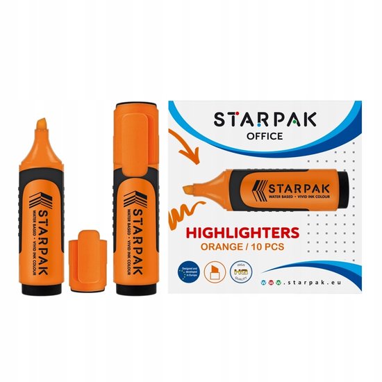 Emballage avec deux surligneurs STARPAK orange et un capuchon, avec des informations sur le produit.