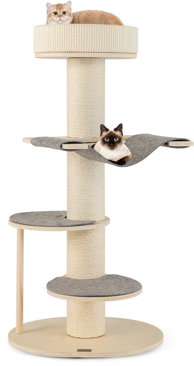 COSTWAY 120 cm krabpaal van hout, kattenboom met hangmat & 3 platforms & sisal tapijt & krabzuil, kleine kattenkrabpaal voor katten, kattenmeubel, klimboom, activiteitsboom, speelboom, grijs + naturel