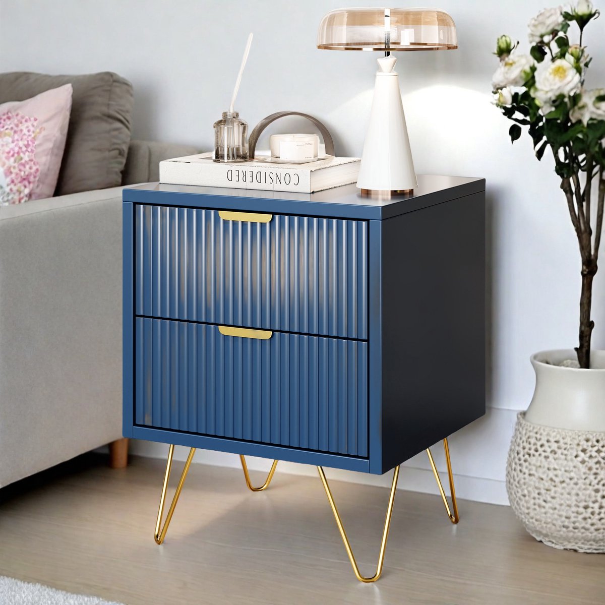 Blauwe Nachtkastje met 2 Lades Moderne Opbergkast 50x40x35,5 cm voor Slaapkamer of Woonkamer