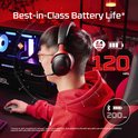 Een persoon met een rode hoodie draagt een zwarte en rode HyperX Cloud III S Wireless gaming headset. Tekst toont 'Best-in-Class Battery Life' en '120 HRS'.