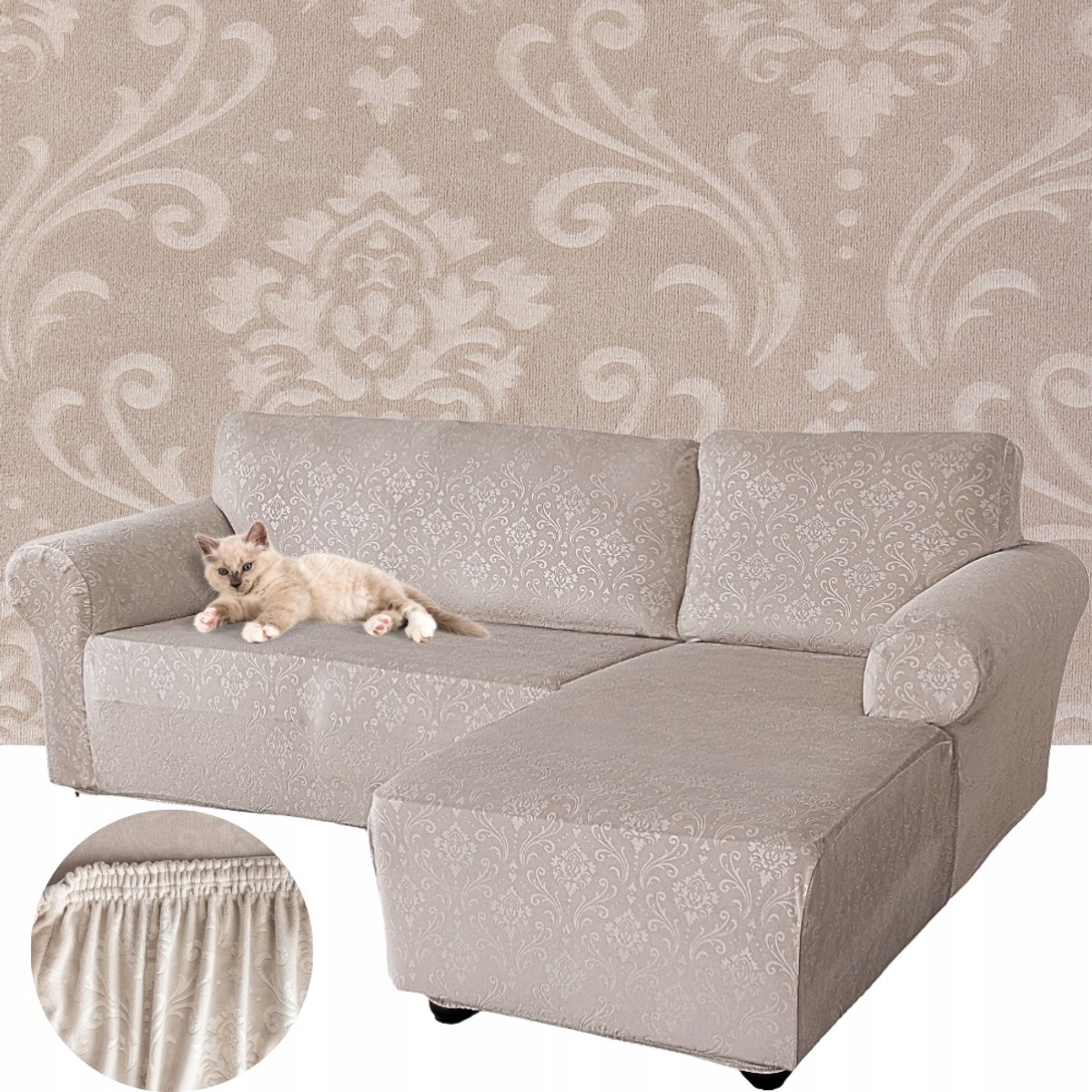 Elastische Hoekbankhoes Velours Beige Sierlijk Premium Rechts 2+2