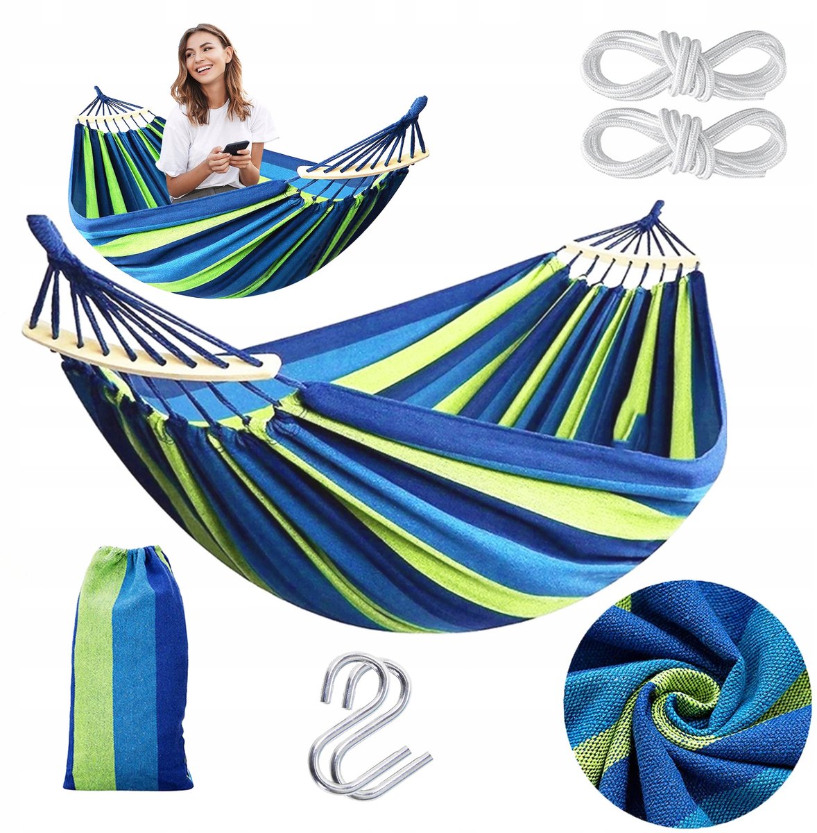 Grote eenpersoonshangmat met spreidstok - blauw/groen