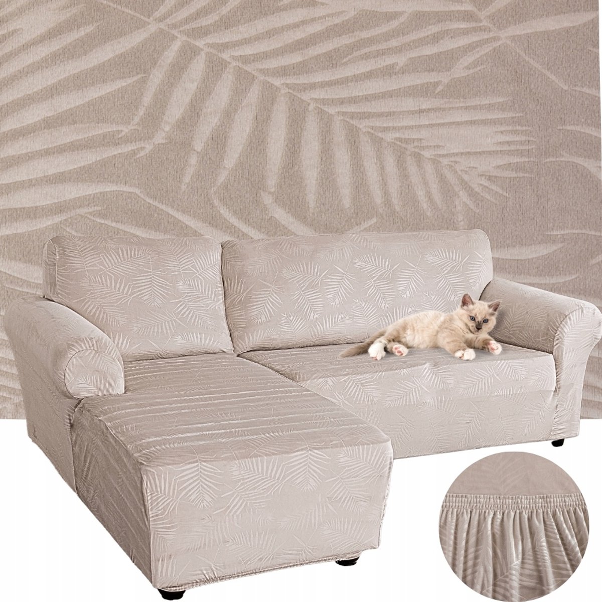 Hoes hoekbank elastisch velours palmbladeren beige 2-persoons (2 stuks)