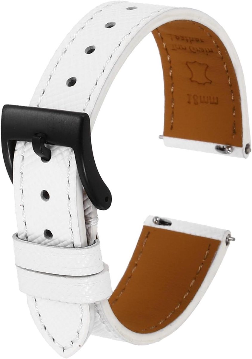 Leren horlogebandje van 19 mm met snelwissel en roestvrijstalen zwarte gesp in wit voor mannen en vrouwen - Reservearmband met stijlvol design