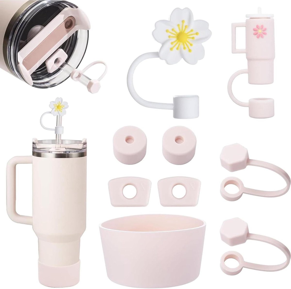 Image of 9 stuks accessoires voor bekers - lekbescherming - roze kwarts - geschikt voor 1,2 liter en 850 ml beker