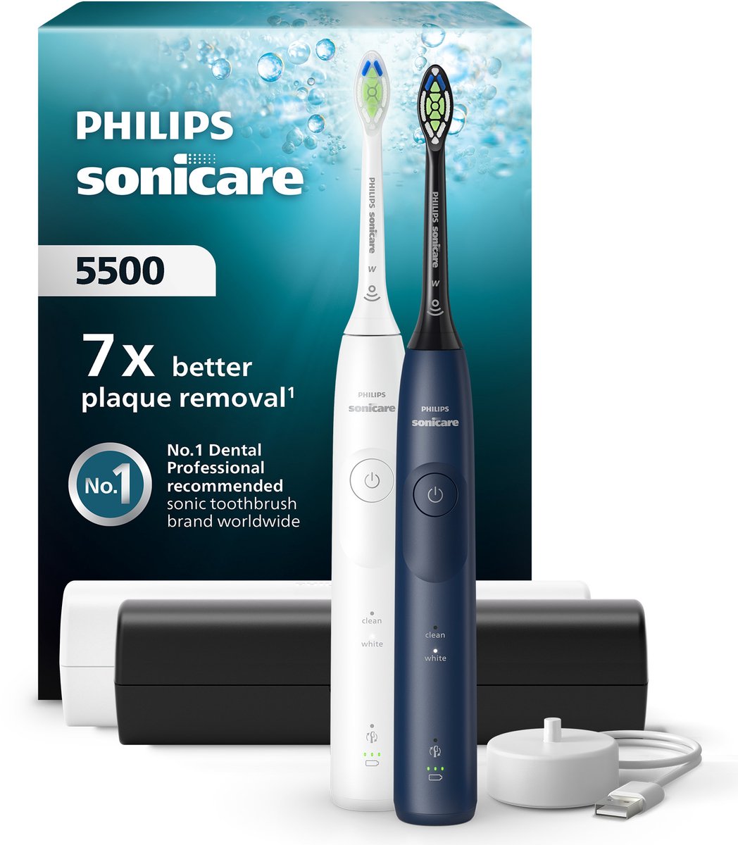 Philips Sonicare 5500 Series - Elektrische Tandenborstels - Wit & Blauw Duopack – 2 Reisetuis - Wittere tanden - HX7119/01