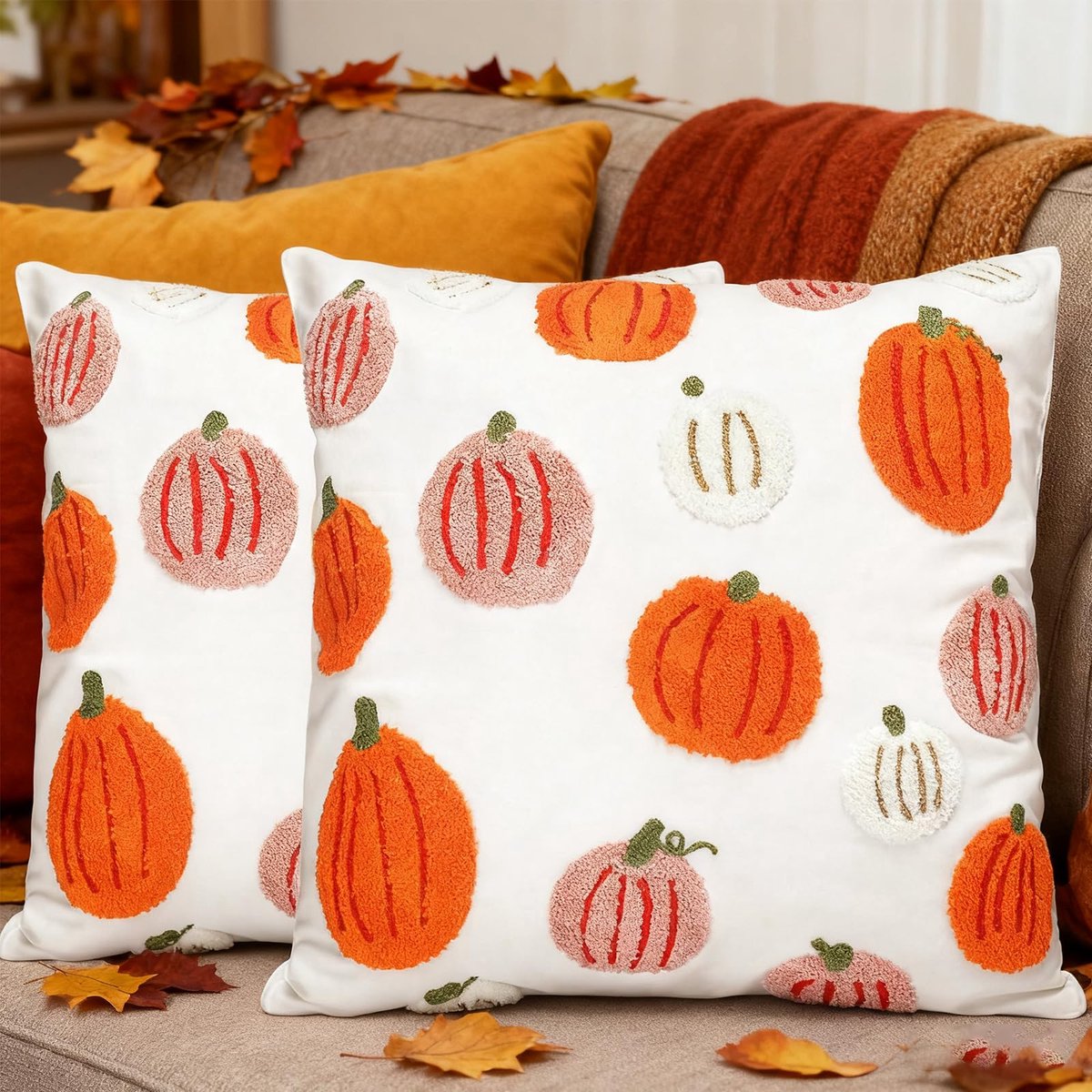 Unyqoos Set van twee kussenslopen met pompoenmotief voor sfeervolle herfstdecoratie wit