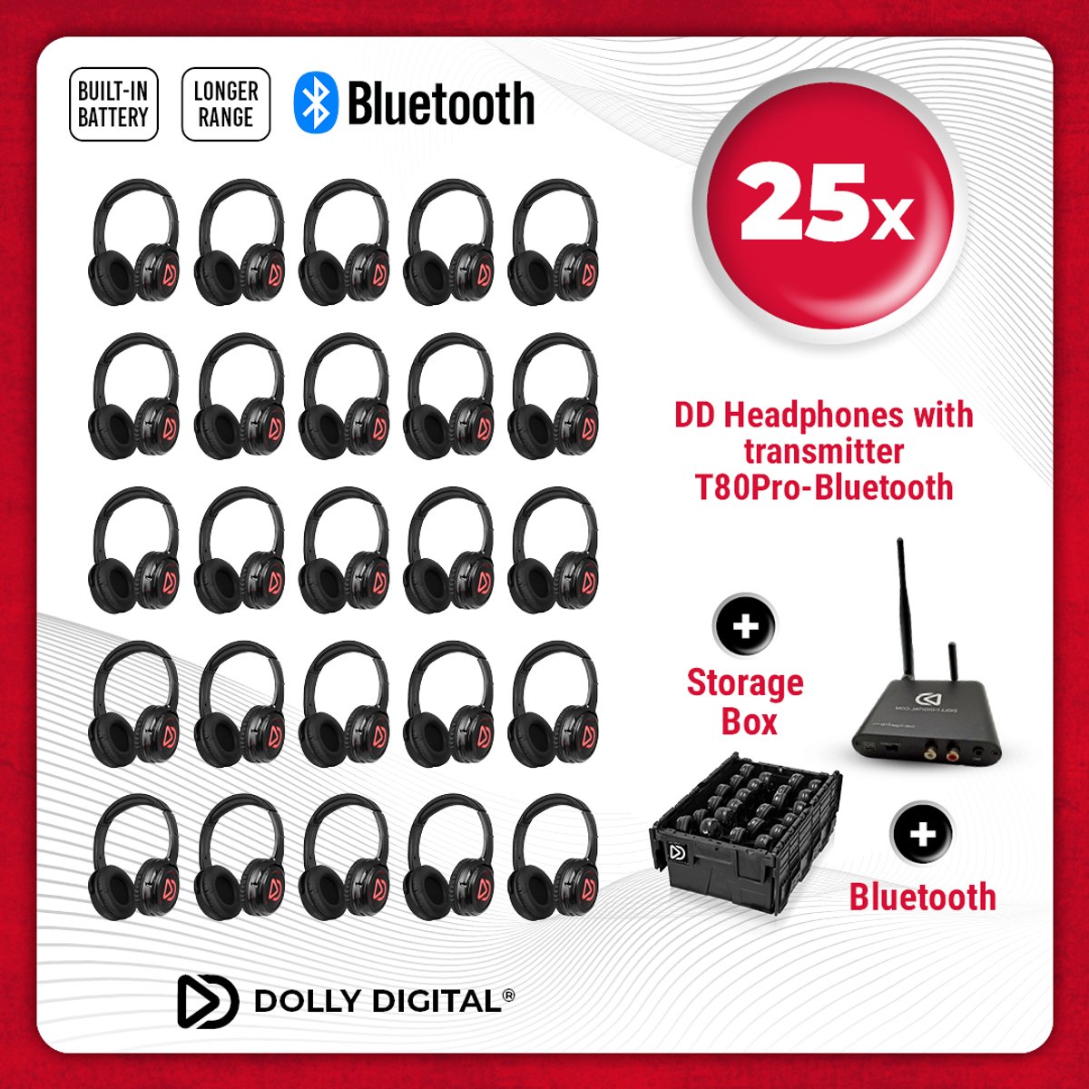Dolly Digital© Original Silent Disco draadloze koptelefoons voor groepen. PRO BOX 25 oplaadbare headsets + Bluetooth zender T80Pro | Dolly Digital©