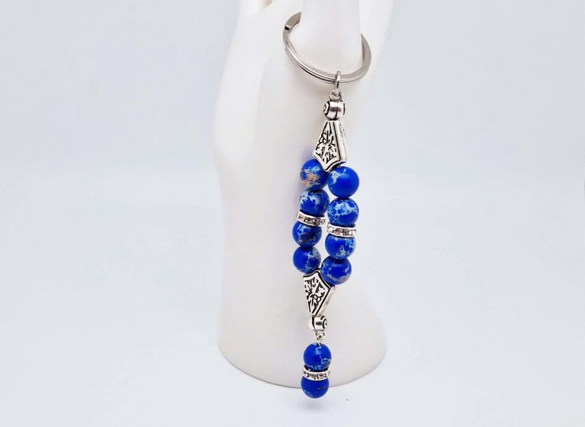 Handgemaakte Harmony Sleutelhanger van natuursteen "Lapis Lazuli" en metaal - diameter kralen 10mm - Aantal stenen10- Een mooi cadeau-idee en een bijzonder aandenken