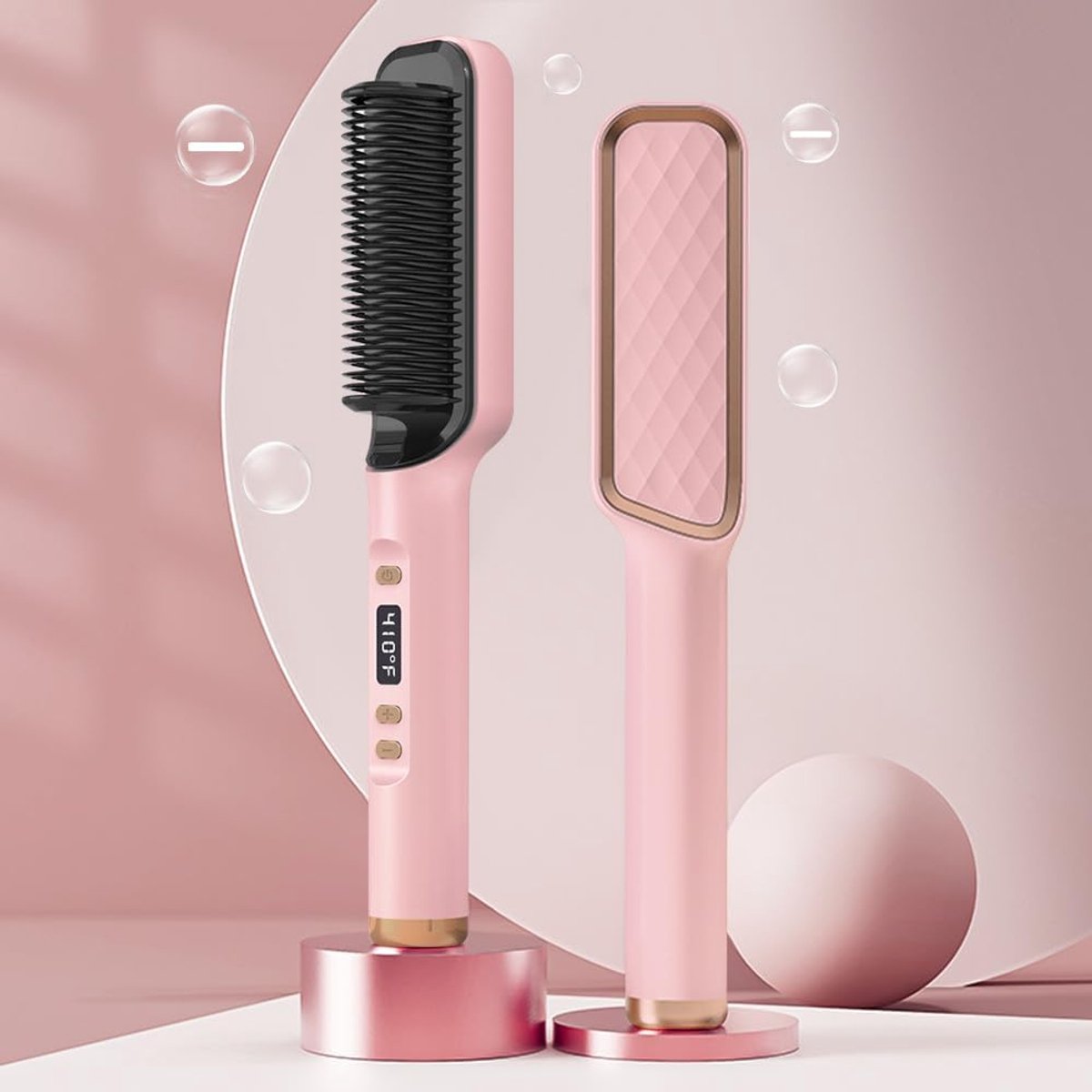 Roze negatieve ionen stijltang, negatieve ionen stijltang, hete borstelringkam met LED-scherm, anti-verbranding, automatische uitschakeling, snelle verwarming, 30 temperatuurstanden, geschikt voor thuis, op reis en in de salon