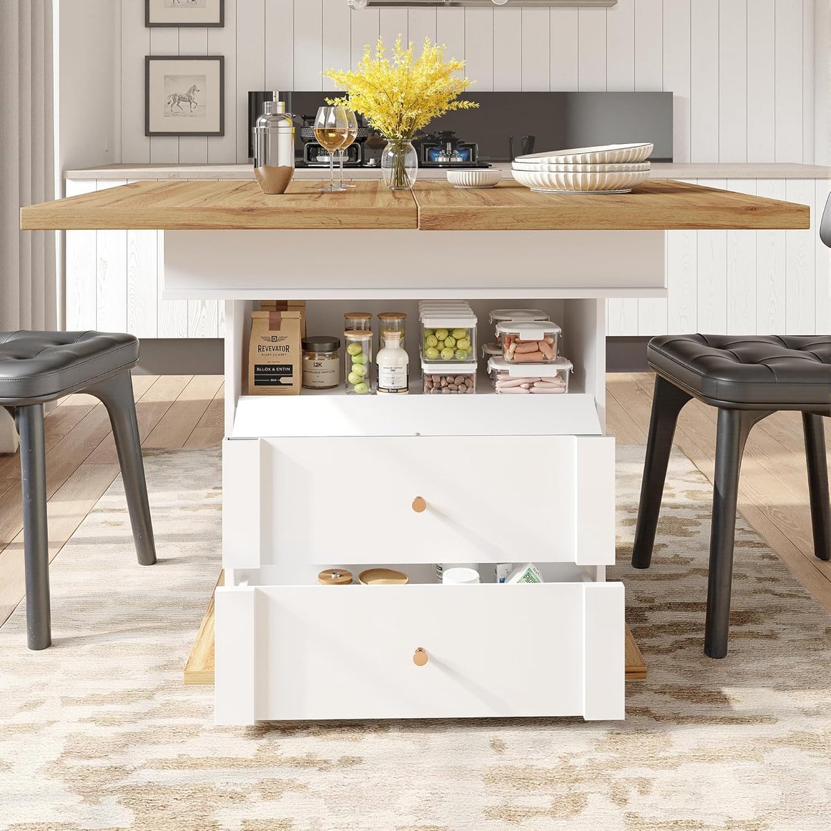 Uitschuifbare Eettafel 110-140 cm met Opbergruimte – Inklapbare Keukentafel met Drie Planken en Draaideur, Multifunctionele Telescopische Eettafel voor 4-6 Personen, Wit – Meda Home Store