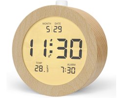 Houten digitale wekker, LCD-digitale klok met datum, temperatuur, snooze-functie, achtergrondverlichting, digitale klok op batterijen (Vereist 3 AAA-batterijen)