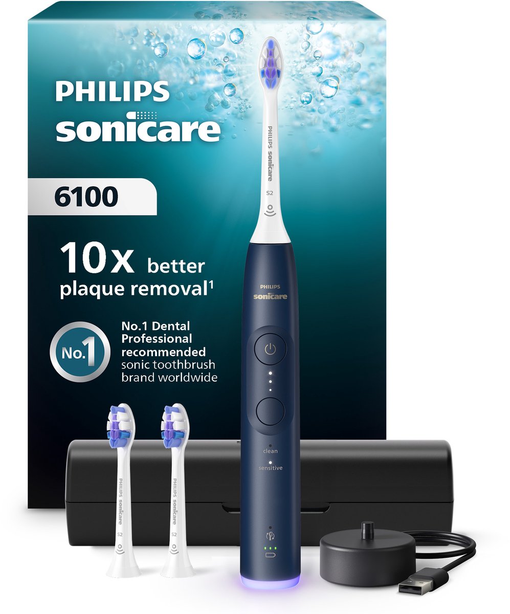 Philips Sonicare 6100 Series - Elektrische tandenborstel - Blauw - Gevoelige tanden - 3 Opzetborstels - HX7403/01