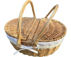 Panier de pique-nique rond de Luxe en rotin avec couvercle et doublure – Panier fait main avec poignées et bordure en dentelle – Perfect pour un pique-nique, un cadeau ou la décoration intérieure