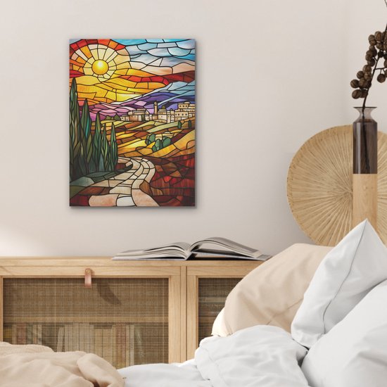 Akoestisch wandpaneel 30x40 cm - Vilt schilderij Mozaïek - Zon - Landschap - Dorp - Akoestische panelen - Geluidsdempende wanddecoratie - Geluidsisolatie woonkamer - Muurdecoratie geluidspanelen