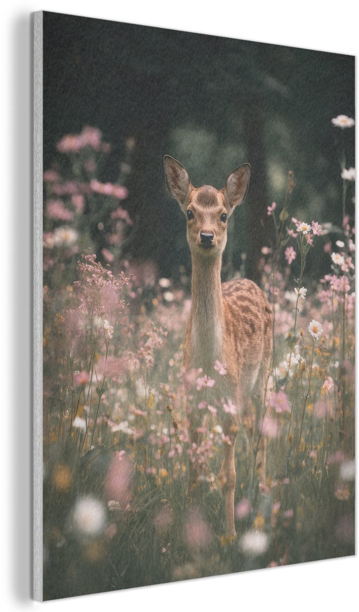 Akoestisch wandpaneel 70x100 cm - Vilt schilderij Hert - Wilde bloemen - Bos - Akoestische panelen - Geluidsdempende wanddecoratie - Geluidsisolatie woonkamer - Muurdecoratie geluidspanelen