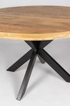 Close-up van de aansluiting tussen het houten tafelblad en het zwarte metalen stervoormige onderstel.