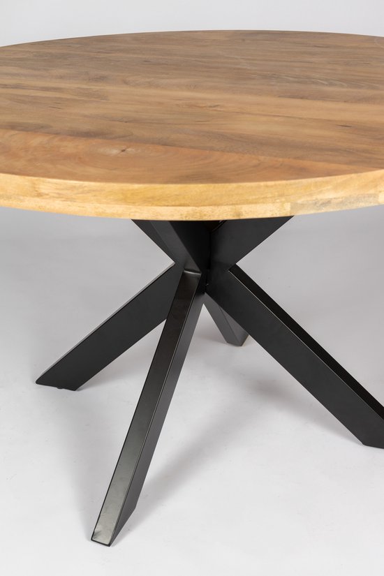 Close-up van de aansluiting tussen het houten tafelblad en het zwarte metalen stervoormige onderstel.