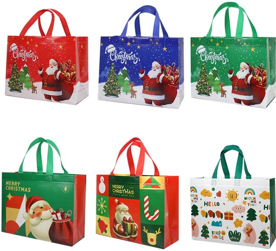 6 x Kersttassen SET - 32x25x15 cm - Opvouwbaar & Herbruikbaar - 6 Verschillende patronen - Kerst Cadeau zakjes - Kerstverpakking
