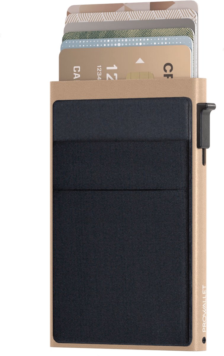 Prowallet Secure Deluxe - Pasjeshouder Goud - 7 Pasjes, Briefgeld en Muntgeld - Uitschuifbaar - RFID Creditcardhouder - Kaarthouder Portemonnee, Premium Pashouder voor Mannen & Vrouwen - Hoogwaardig Aluminium - Incl. Luxe Cadeaubox