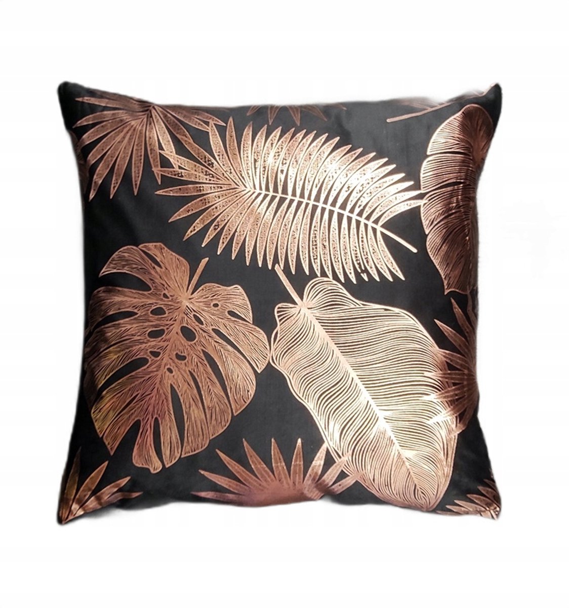 Decoratieve Kussen 43x43cm Zwart met Koperen Monstera Bladeren