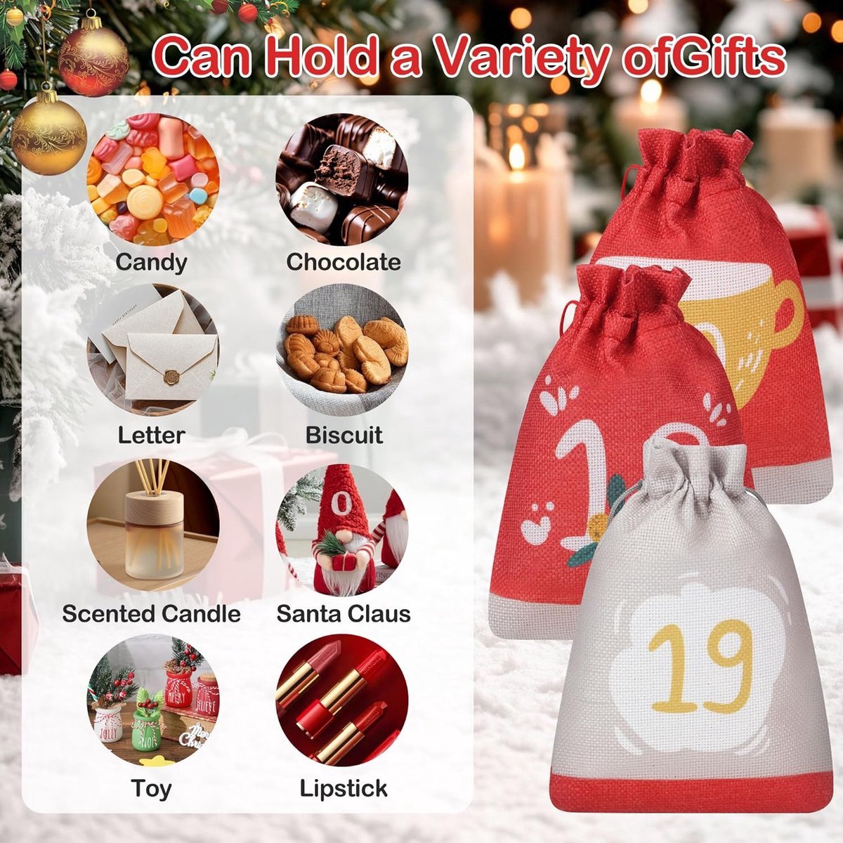 Adventskalender - 24 stoffen vakken - 24 clips met henneptouw - 10 x 15 cm - DIY kerstkalender - Hangende vakken - 10 m ophangkoord - Geschikt voor kinderen, vrouwen en mannen - Kerstversiering - Kan snoep/chocolade/kleine cadeautjes bevatten – foto 4