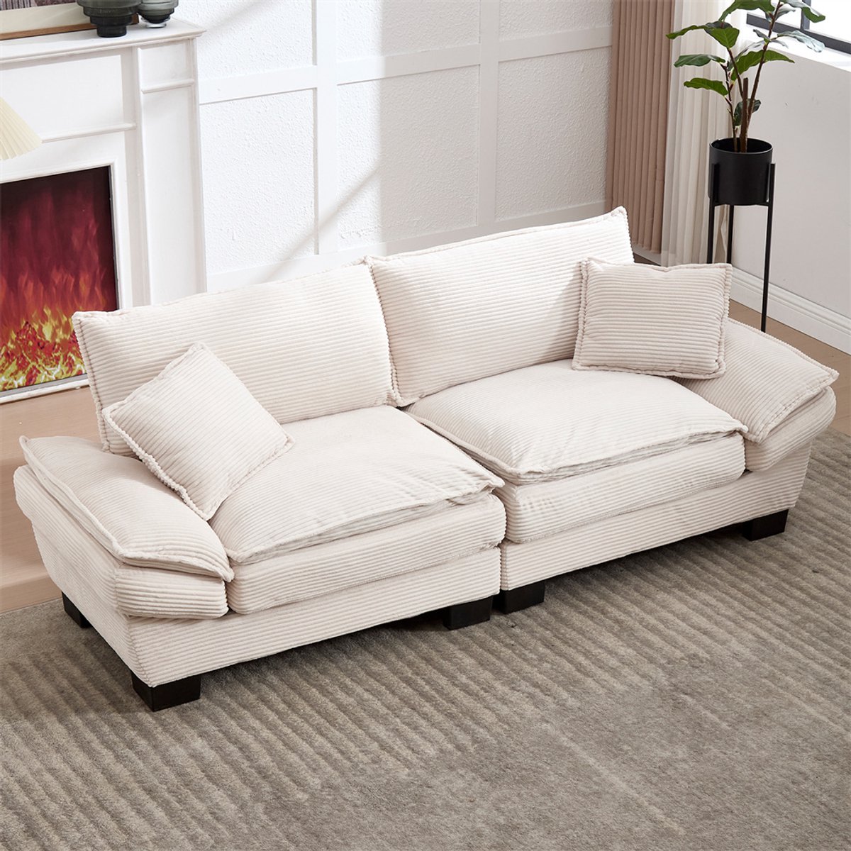 YEHTOKHOME 2-Zits Bank - Comfortabel Gestoffeerde bank met armleuning - Tweepersoonsbank met 2 lendenkussens - Minimalistische stijl - Velvet - Beige