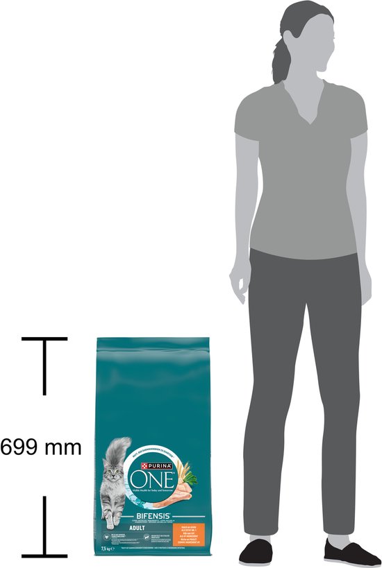 Purina ONE Bifensis Adult kattenvoer zak van 13 kg naast een vrouw.