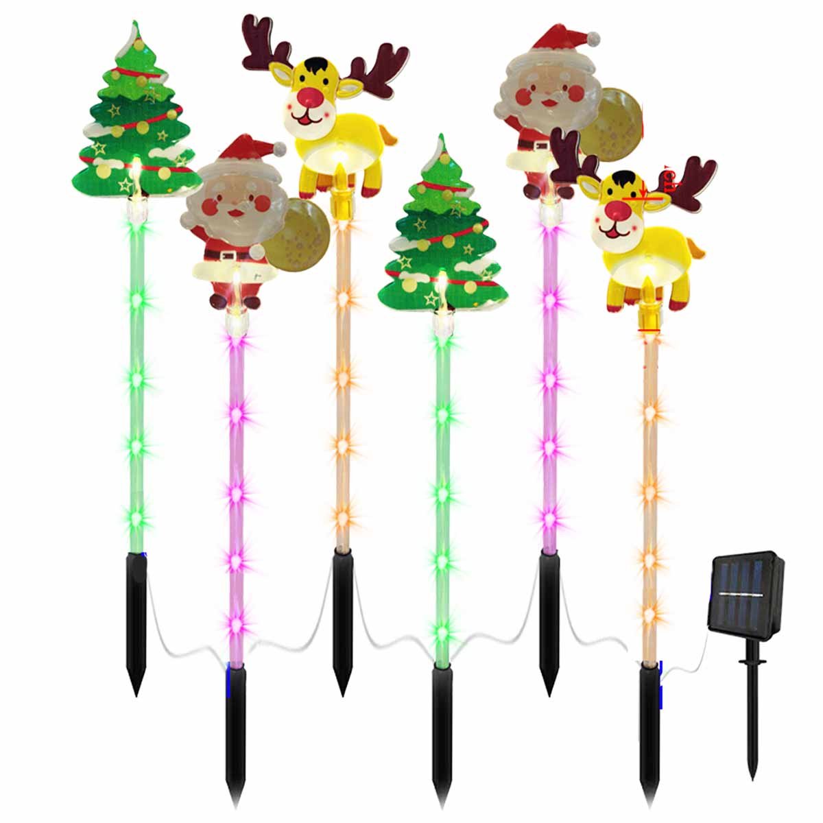 1 Set Kerst Tuinverlichting- Solar Kerstverlichting LED-Kerst vloerlamp-Meerdere lichtstanden-Tuinlamp met Grondspies-6 Stuks(Eland/Santa Claus/Kerstboom )