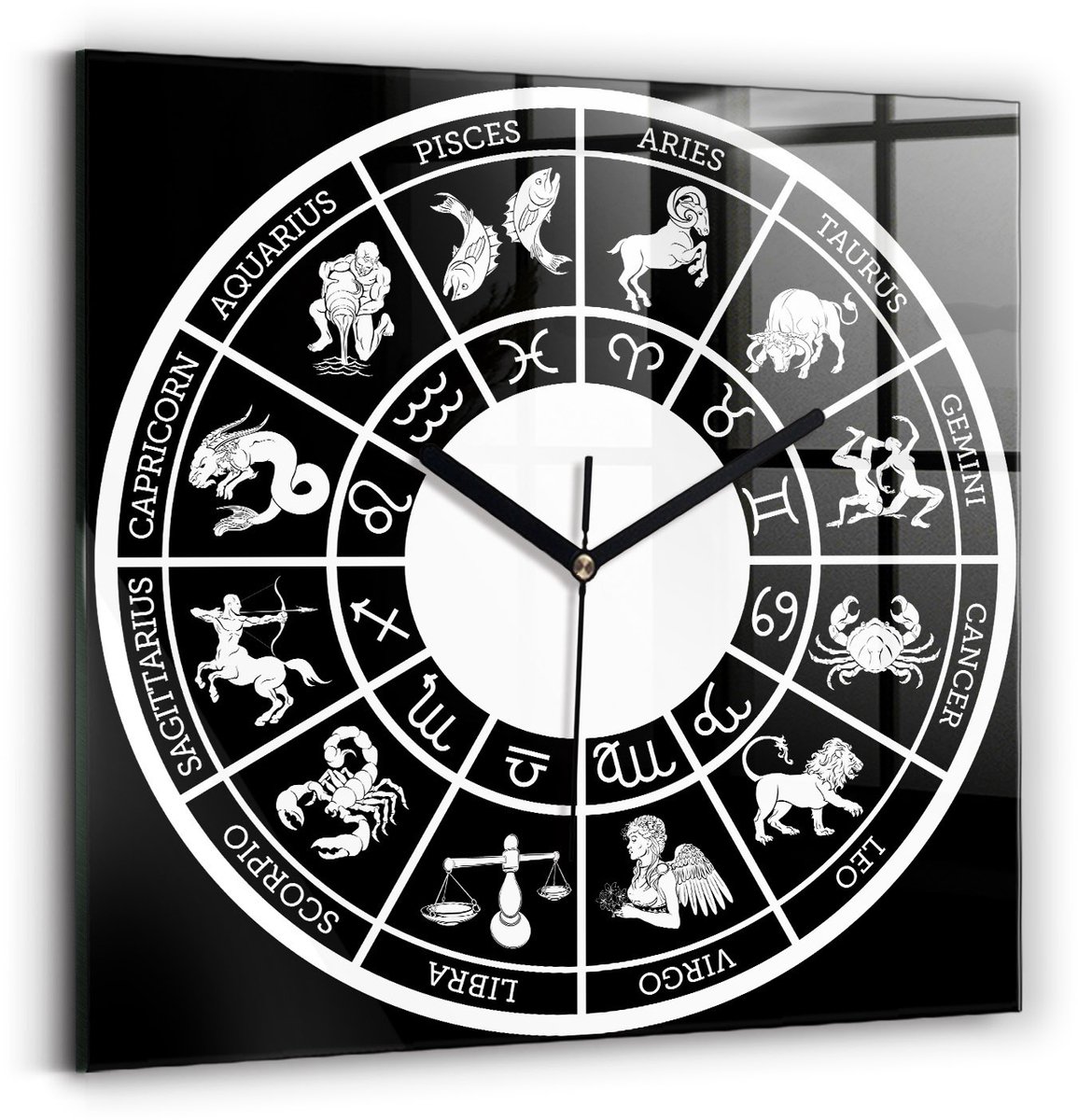Wallfluent Wandklok - Zodiacaal Klok met Print - 30 cm x 30 cm - Zwart Wandklok - Zwarte Handen - Wandklok zonder cijfers - Stille Wandklok Slaapkamer - Unieke Wandklok - Minimalistische Klok - Unieke Wandklok