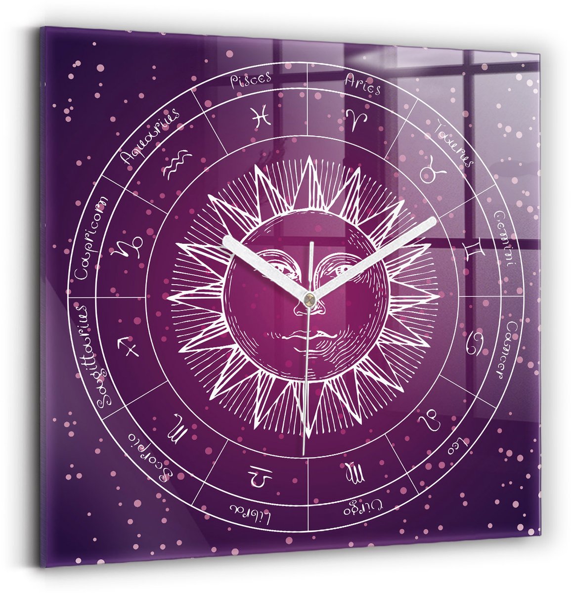 Wallfluent Wandklok - Dierenriemconstellaties Stijlvolle Klok - 30 cm x 30 cm - Roze Wandklok - Witte Handen - Klok zonder getallen - Wandklok voor in de Keuken - Klok als Muurdecoratie - Modieuze Klok - Klok met Afbeelding